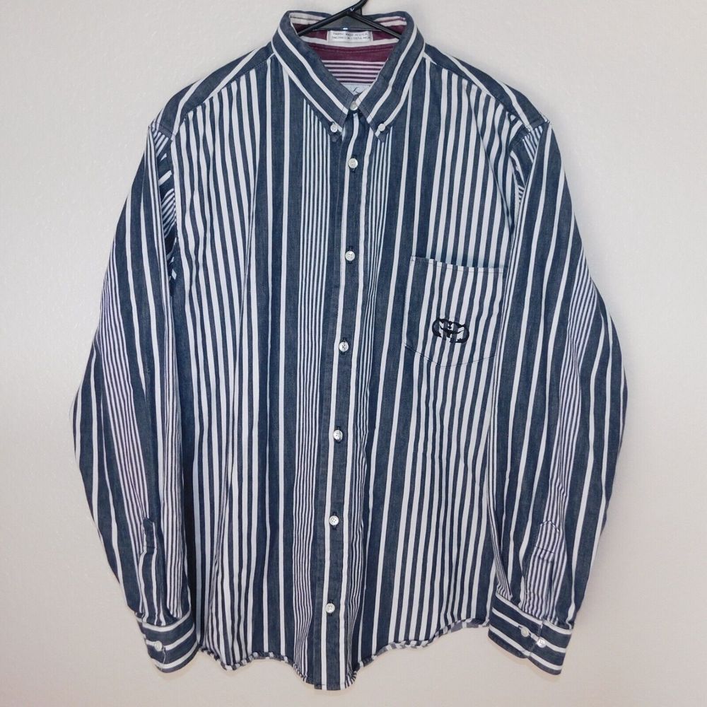 Longhorn Striped Button Up Shirt Adult L Cotton Collared Logo Long Sleeve Casual